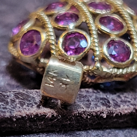 14k gold puff heart pendent filigree reversible Saphires & Rubies 15" 14k chain - Picture 8 of 10